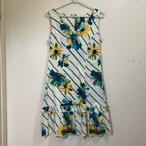 Sangria sleeveless white dress with strip s and floral pattern. Size 8
